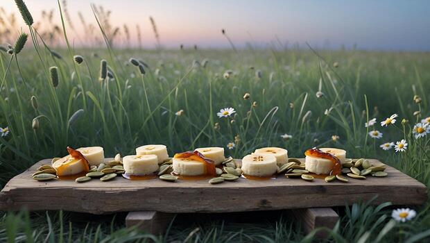 servicio plátano rebanadas con coberturas al aire libre en un herboso campo foto
