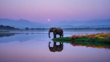 Elephant Standing at Lake Shore Reflecting at Sunset with Wildflowers photo