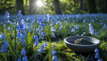 Bluebell Flowers Blooming in Meadow with Bowl of Herbs at Sunrise photo
