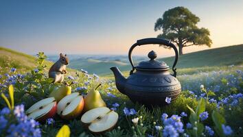 Squirrel Near Teapot with Apple and Pear Slices in Meadow photo