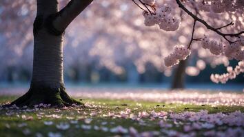Cherry Blossom Petals Falling on the Lawn in a Spring Garden photo