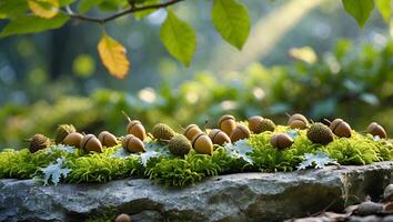 Acorns on Mossy Rock with Leaves in Nature Setting photo