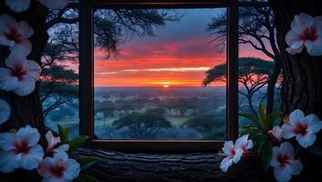 Viewing African Sunrise Through Window Framed by Flowers and Trees photo
