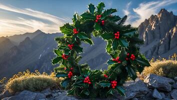 Festive Holiday Wreath Displayed on Mountain Peak with Sky Backdrop photo