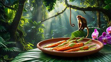 Carrots with Sauce in Jungle Setting Featuring a Playful Monkey photo