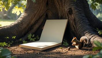 Squirrel Eating Nuts Next to Open Book at Base of Tree photo