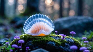 Glowing Shell on Mossy Rock Surrounded by Purple Wildflowers in Forest photo