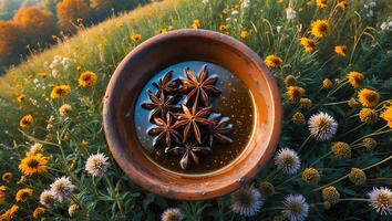Star Anise in Bowl with Liquid Amidst Wildflower Field photo