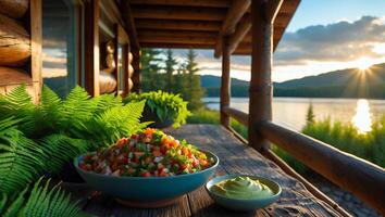 Preparing Fresh Salsa and Dip on Cabin Porch Overlooking Lake photo