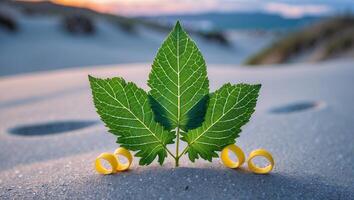 Green Leaf Growing in Sand with Yellow Rings Nature Concept photo