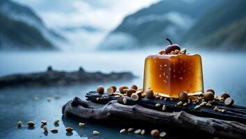 Jelly Cube and Nuts on Driftwood Overlooking a Misty Mountain Lake photo