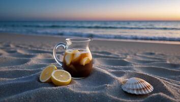 Iced Tea Pitcher with Lemon Slices on Beach at Sunset photo