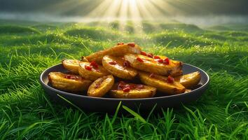 Potato Wedges with Sauce on a Black Plate in Grassy Field photo