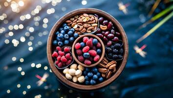 Assorted Berries and Nuts on Wooden Tray with Blurred Lights photo