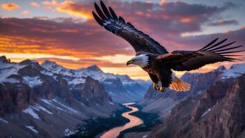 Eagle Soaring Over Mountain Valley River Landscape at Colorful Sunset photo