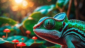 Close Up of Chameleon with Mushroom in Forest at Golden Hour photo