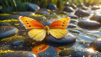 Butterfly Resting on Stone in Water with Reflection and Sunlight photo