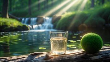 Refreshing Drink and Moss Ball at a Tranquil Forest Waterfall photo
