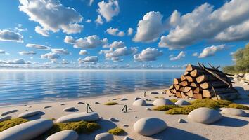 Stacked Firewood on Sandy Beach with Calming Ocean View and Clouds photo