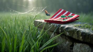 Butterfly Flying Near Napkins on Stone Wall with Cobweb Backdrop photo