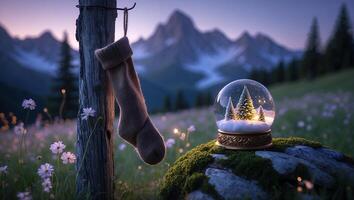 Hanging Stocking and Snow Globe in Mountain Meadow at Dusk photo