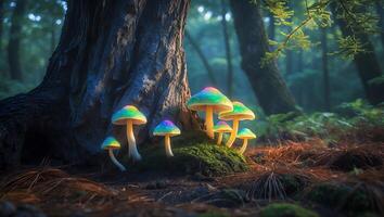 Glowing Mushrooms Growing Beside a Tree in a Lush Forest photo