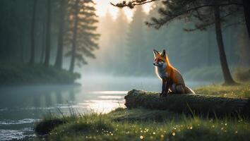 Fox Sitting on Log Near Lake in Foggy Forest Landscape photo