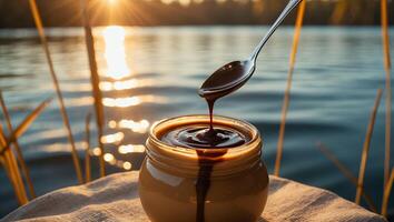 Pouring Chocolate Sauce Over Jar with Lake Sunset Background photo