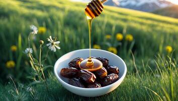 Pouring Honey on Dates in a Bowl on a Grassy Field photo