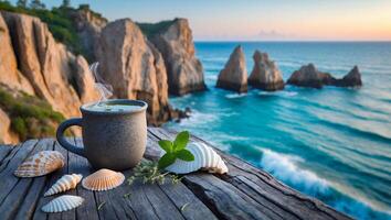Enjoying Hot Drink on Wooden Deck Overlooking Scenic Ocean View photo