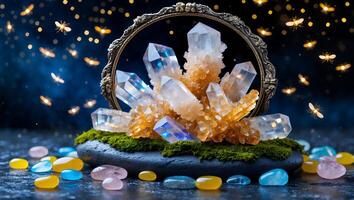 Display of Quartz Crystals with Fairy Lights and Smooth Stones photo