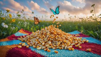 Pile of Corn Kernels on Blanket with Butterflies in Meadow photo