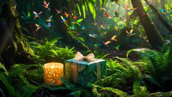 Gift in Jungle with Birds and Candle in Lush Setting photo
