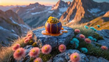 Fruit Dessert on Mountain Peak Stone Among Pink and Turquoise Flowers photo