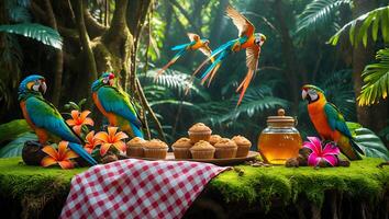 Parrots at Outdoor Picnic with Cupcakes and Honey in Jungle photo