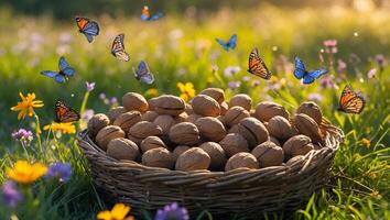 Basket of Walnuts with Butterflies in a Sunny Meadow photo
