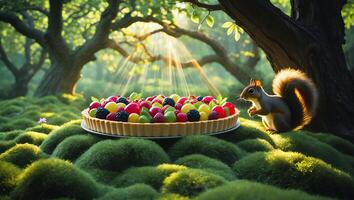 Fruit Tart in Enchanted Forest with Squirrel Enjoying Nature photo