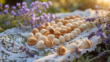 Candy Eggs and Lavender Flowers on a Lace Fabric Outdoors photo