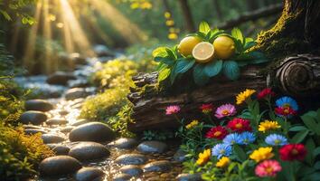 Lemons and Colorful Flowers by a Forest Stream in Sunlight photo