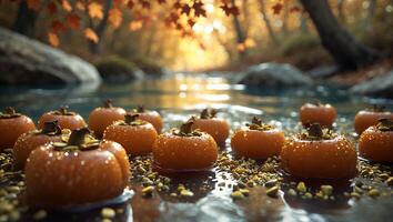 Persimmon Fruits on Rocky Shoreline with Autumnal Forest Backdrop photo