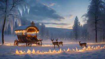 Vintage Carriage in Snowy Landscape with Deer and Fairy Lights photo