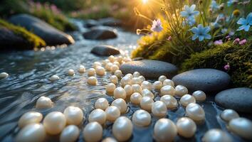 Scattered Pearls in Clear Stream at Sunset with Flower Accents photo