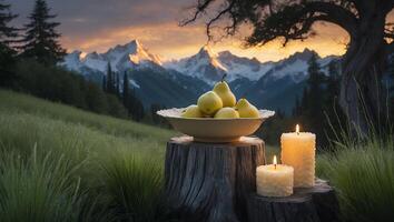 Bowl of Pears and Burning Candles on Stump with Mountain View photo