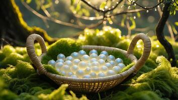 White Spheres in Woven Basket Surrounded by Mossy Green Forest photo