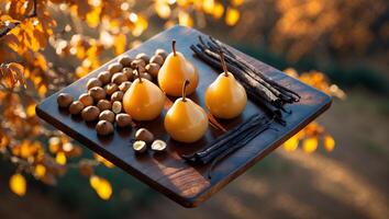 Arrangement of Pears, Nuts and Vanilla Beans on a Wooden Board photo