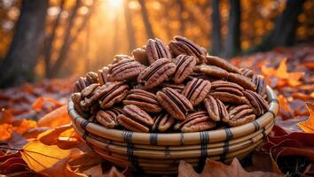 Pecan Nuts in Bowl on Ground with Autumn Leaves at Sunset photo