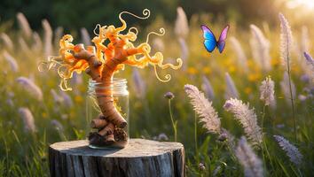 Turmeric Root Sprout in Jar with Butterfly in Meadow Scene photo