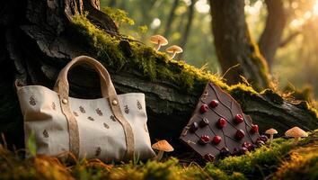 Tote Bag and Chocolate with Mushrooms in a Forest Scene photo