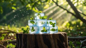 Ice Cubes with Mint on Tree Stump in Forest Setting photo