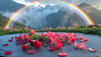 Red Flower Petals on Stone with Rainbow Mountain View Backdrop photo